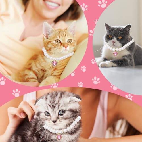 Qpets® Jewelry Cat Collar Pet Necklace with Pink Rhinestone Heart Charm Pearl Adjustable Valentine's Day Gift Puppy Photography Prop M 30-35CM 3PCS Qpets® Jewelry Cat Collar Pet Necklace with Pink Rhinestone Heart Charm Pearl Adjustable Valentine's Day Gift Puppy Photography Prop M 30-35CM 3PCS